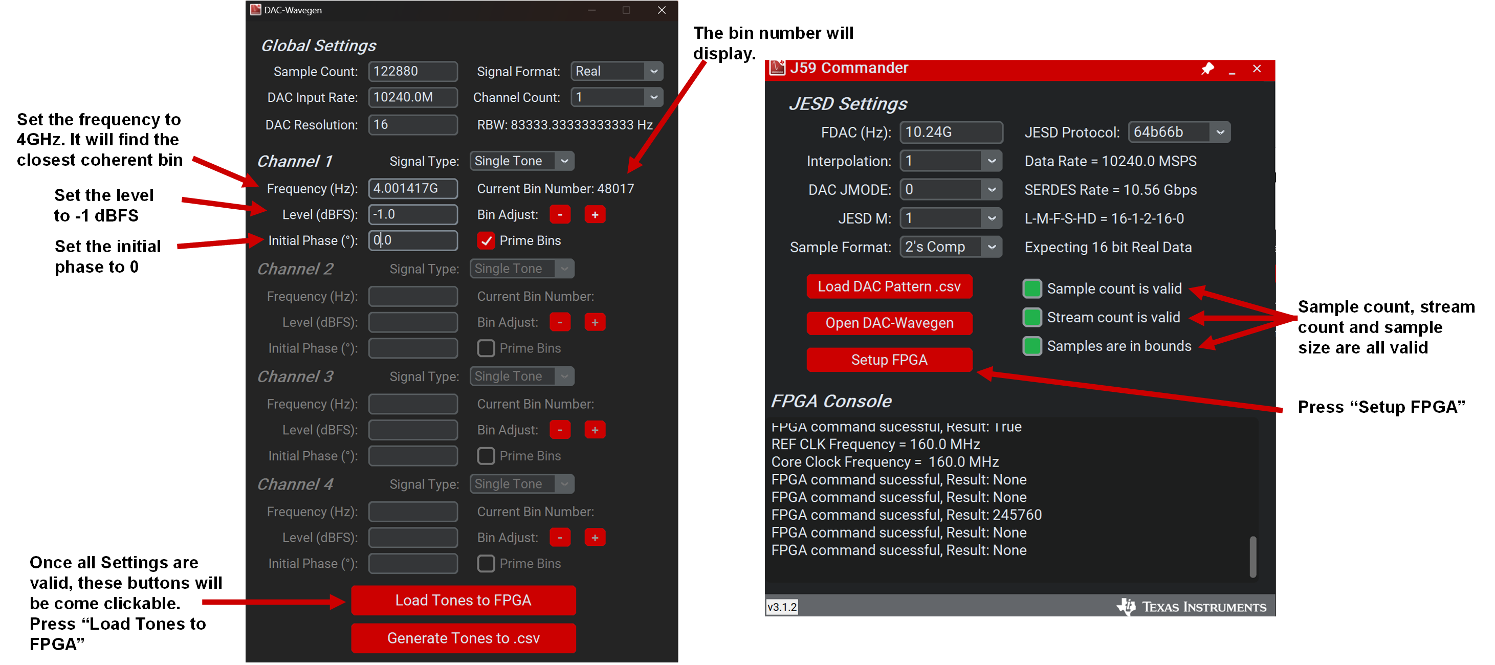 DAC39RF12EVM DAC Wavegen GUI 和 J59 命令設(shè)置詳細(xì)信息，步驟 3