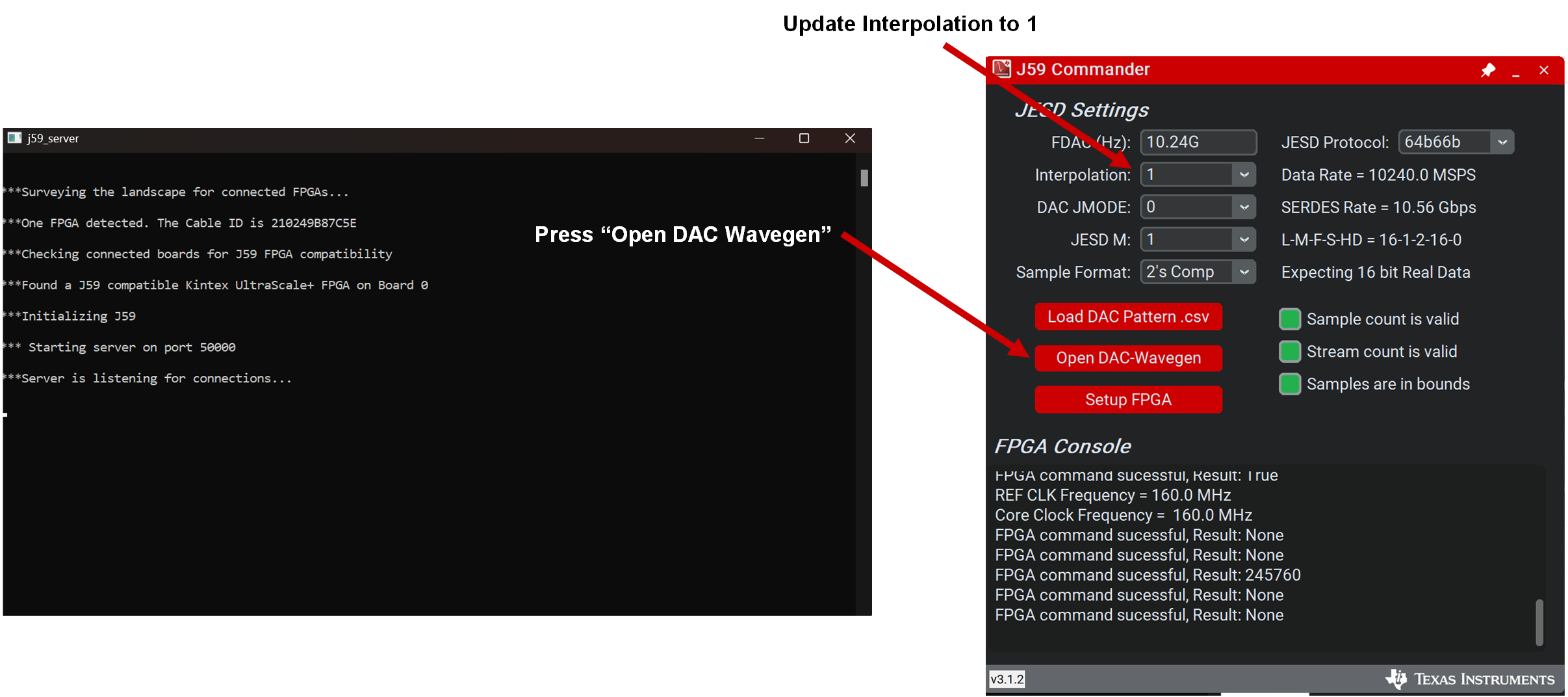 DAC39RF12EVM J59 Server.exe 和 J59 命令設置，步驟 2