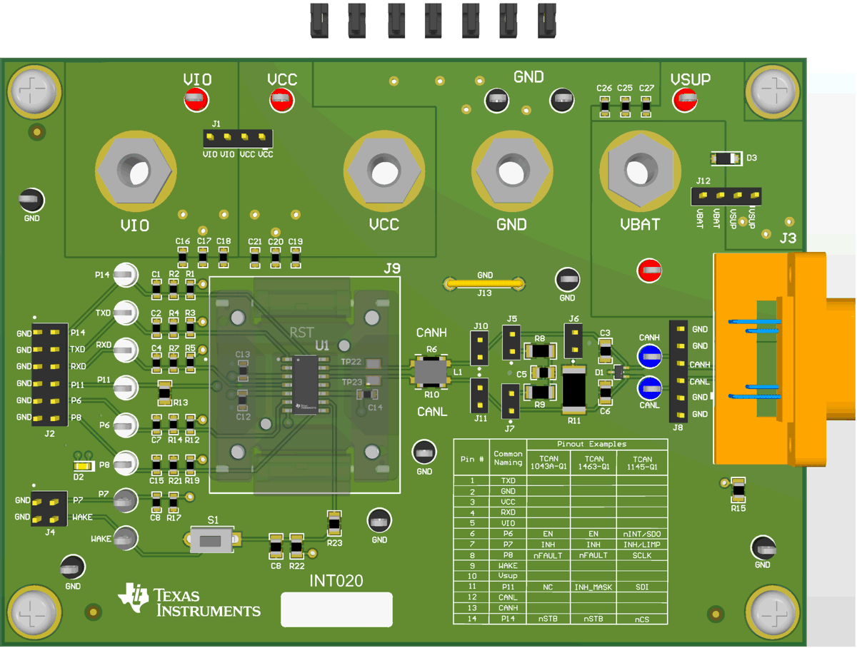 TCAN-SOIC14-EVM EVM 布局（頂視圖）