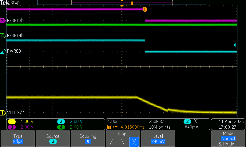 TPS7H3024EVM-CVAL 通道 3/4 在 DLY_TMR=619kOhms 時脫離調(diào)節(jié)狀態(tài)