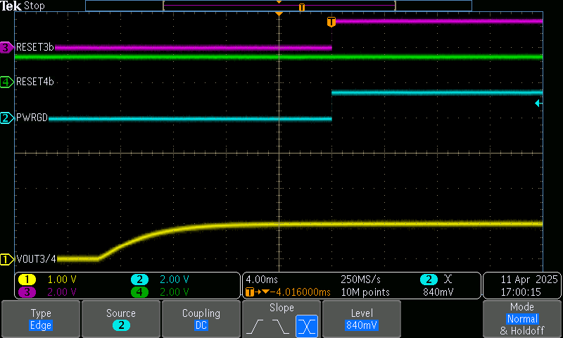 TPS7H3024EVM-CVAL 通道 3/4 在 DLY_TMR=619kOhms 時進入調(diào)節(jié)狀態(tài)