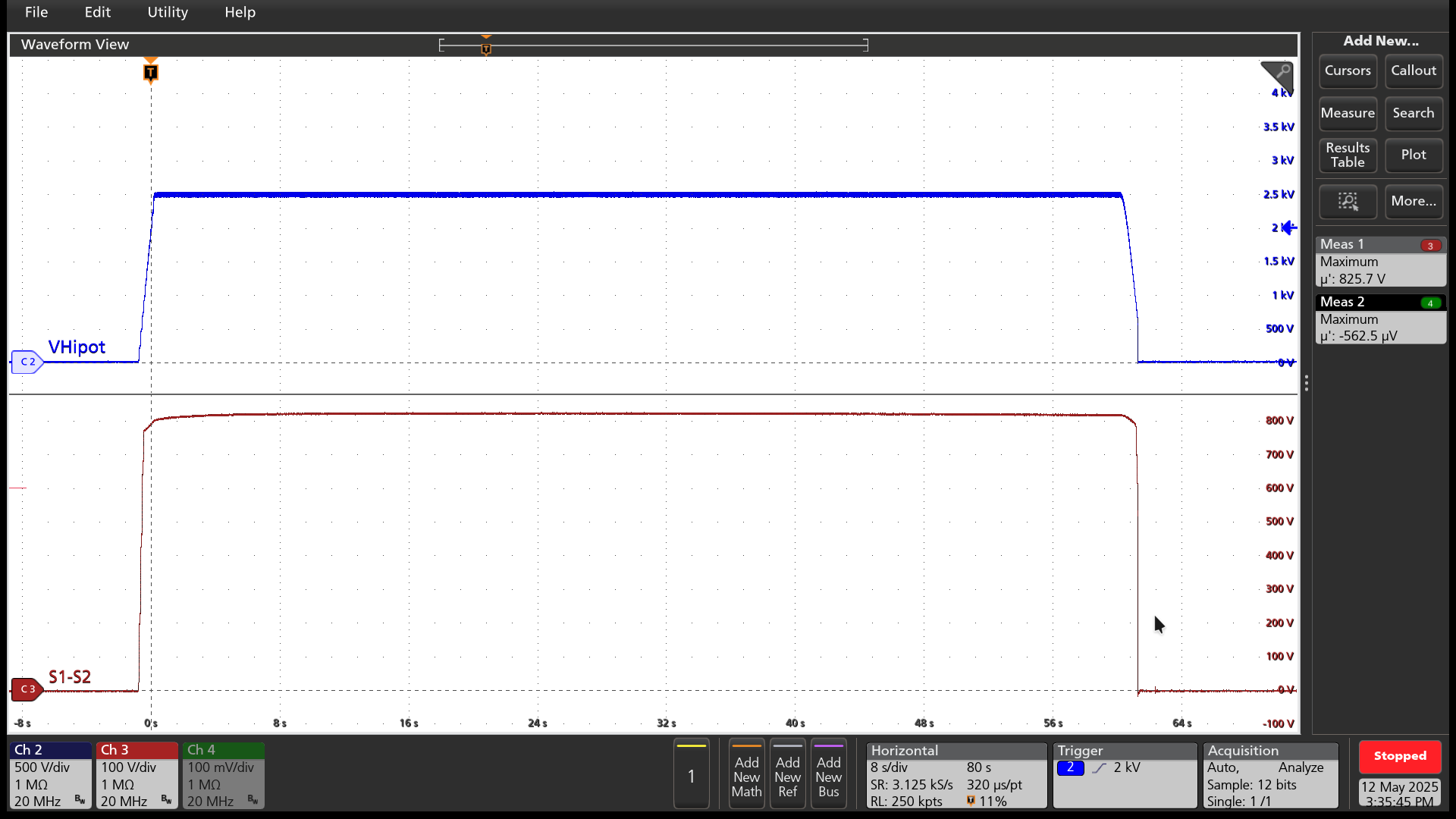 TPSI2260Q1EVM HV = 2500V 時(shí)的次級(jí)檢測(cè) (S1) 和電壓檢測(cè) (S2) 測(cè)試點(diǎn)