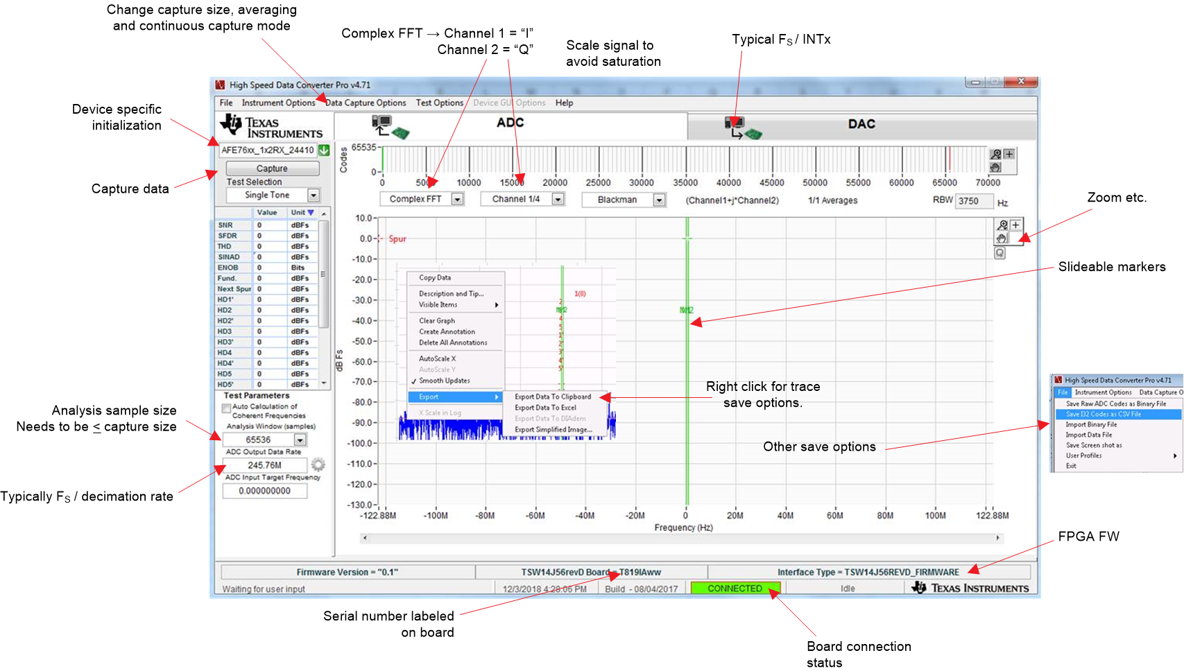 TRF-LSC-AFE7950EVM HSDC PRO“ADC”選項卡概覽