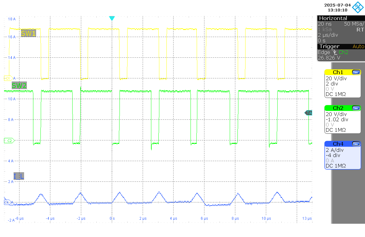 LM51770 SW1、SW2、IL（VIN = 48V，IOUT = 0A，F(xiàn)PWM 模式）