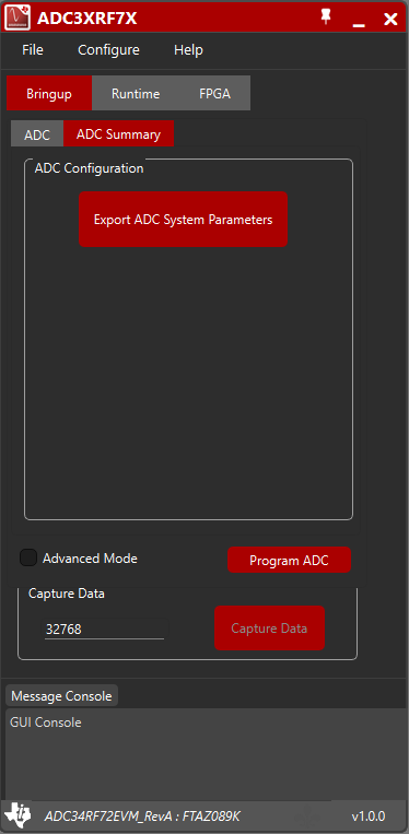 ADC34RF72 包含顯示導(dǎo)出過程的 EVM GUI 圖片