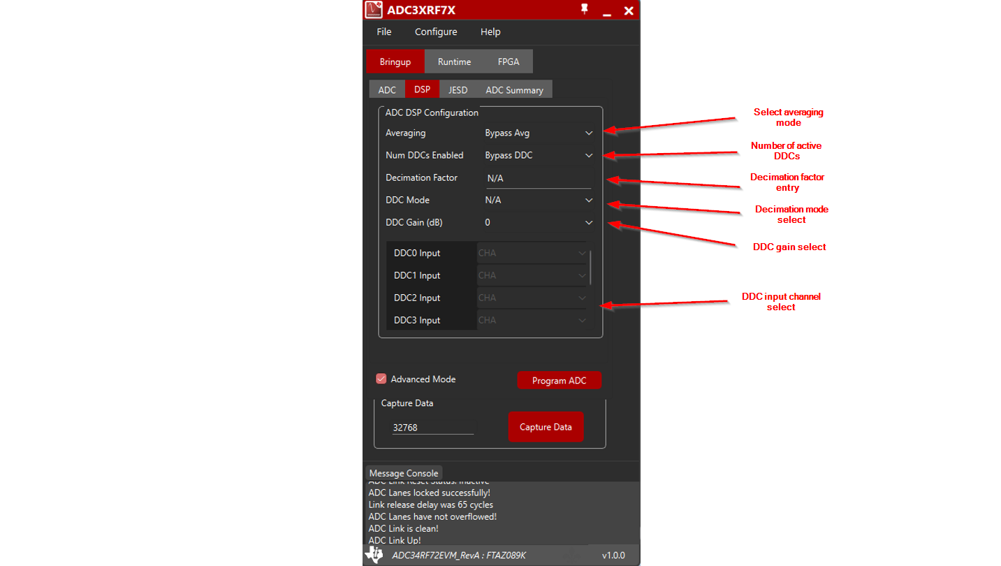 ADC34RF72 EVM GUI：帶標(biāo)簽的 DSP 選項(xiàng)卡