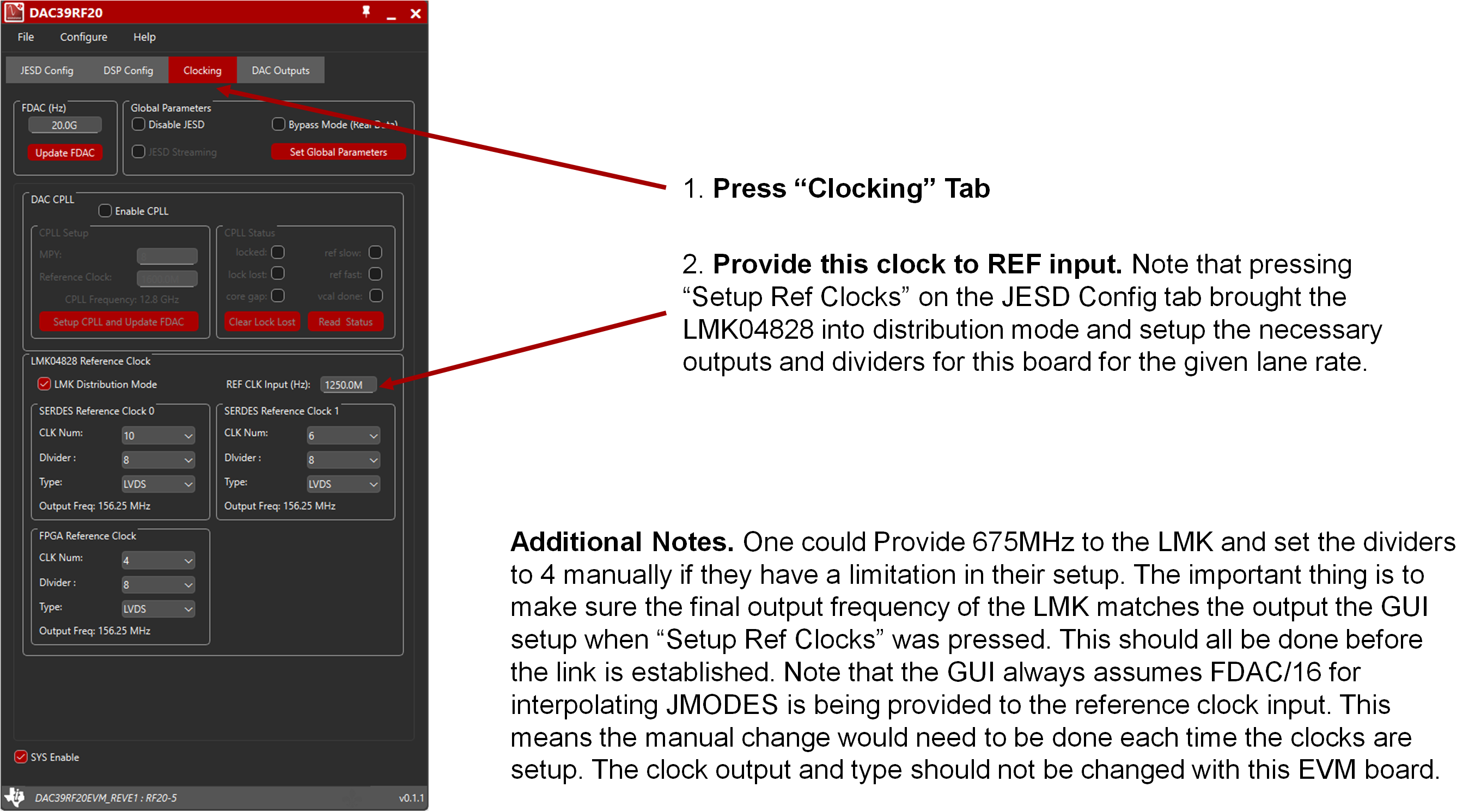 DAC39RF20EVM JMode 1 的 EVM GUI 配置 -“Clocking”選項(xiàng)卡