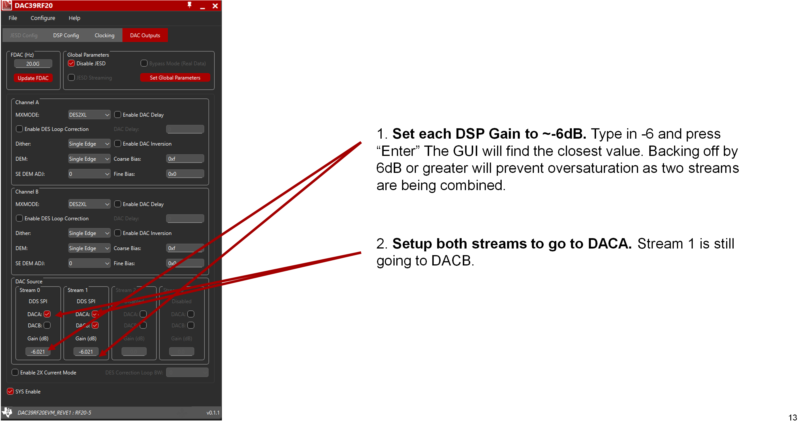 DAC39RF20EVM 在單個(gè) DAC 輸出中包含多路數(shù)據(jù)流的 DAC39RF20 GUI 示例