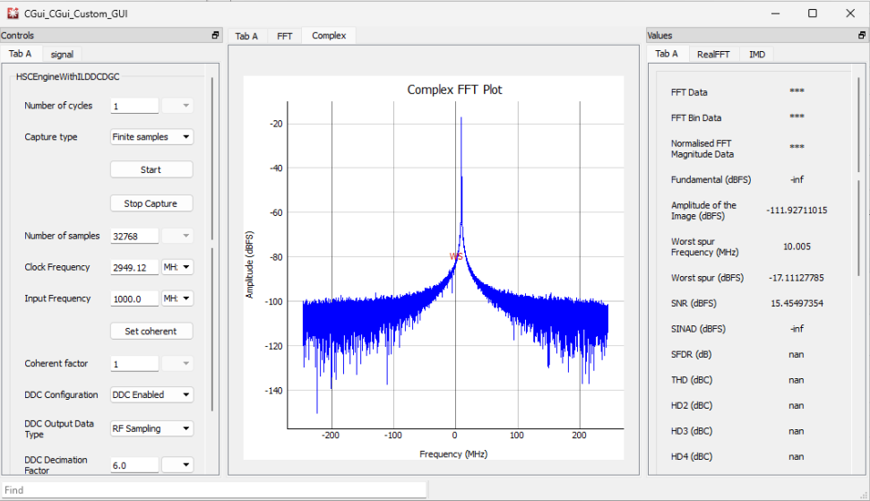 AFE7900EVM AFE7920EVM TSW14J58EVM 3.5GHz NCO 時的典型 RXADC 10MHz 單頻性能