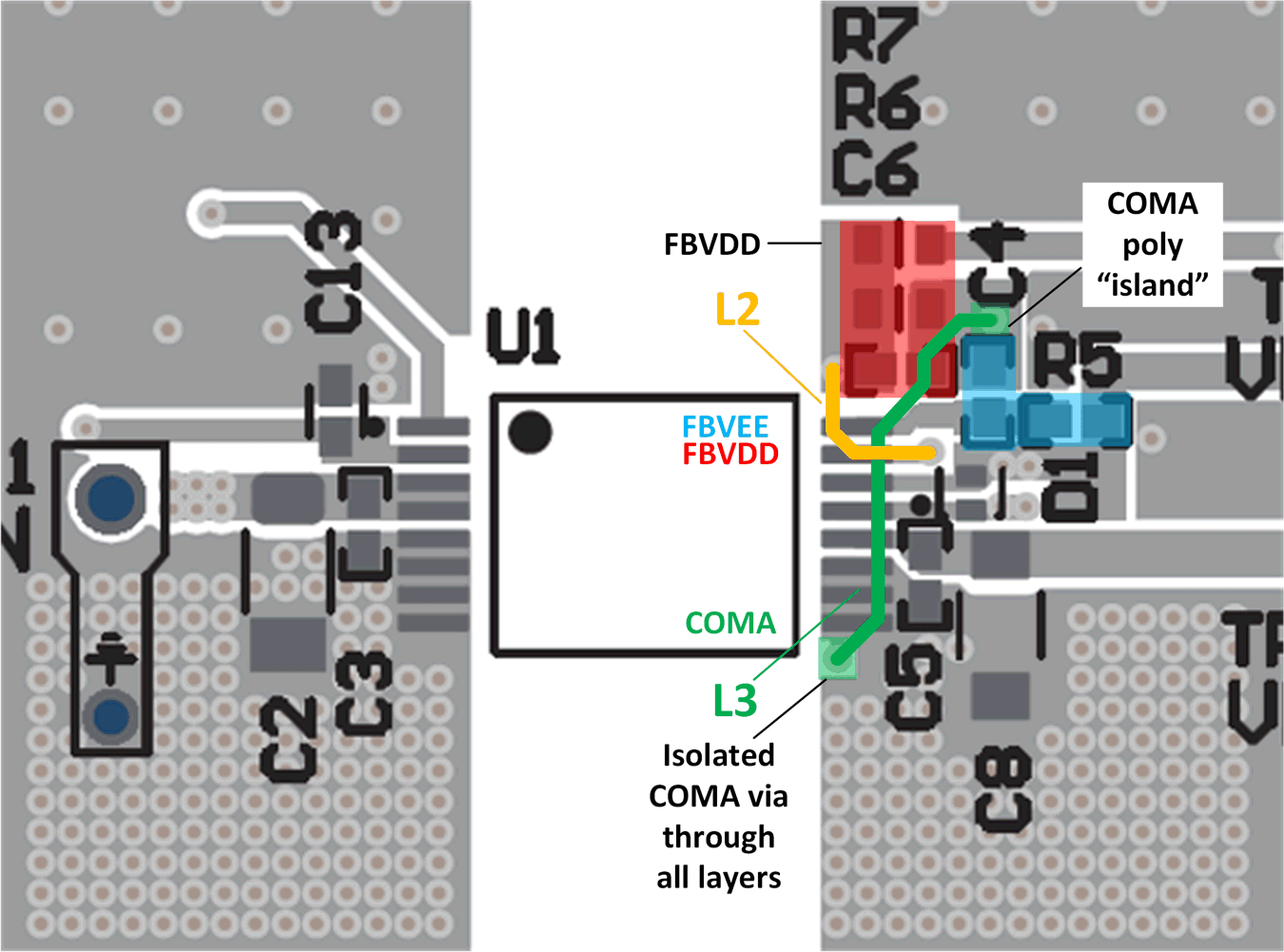 UCC35131EVM-118 FBVDD (R6-7、C6)、FBVEE (R5、C4)、COMA 布線