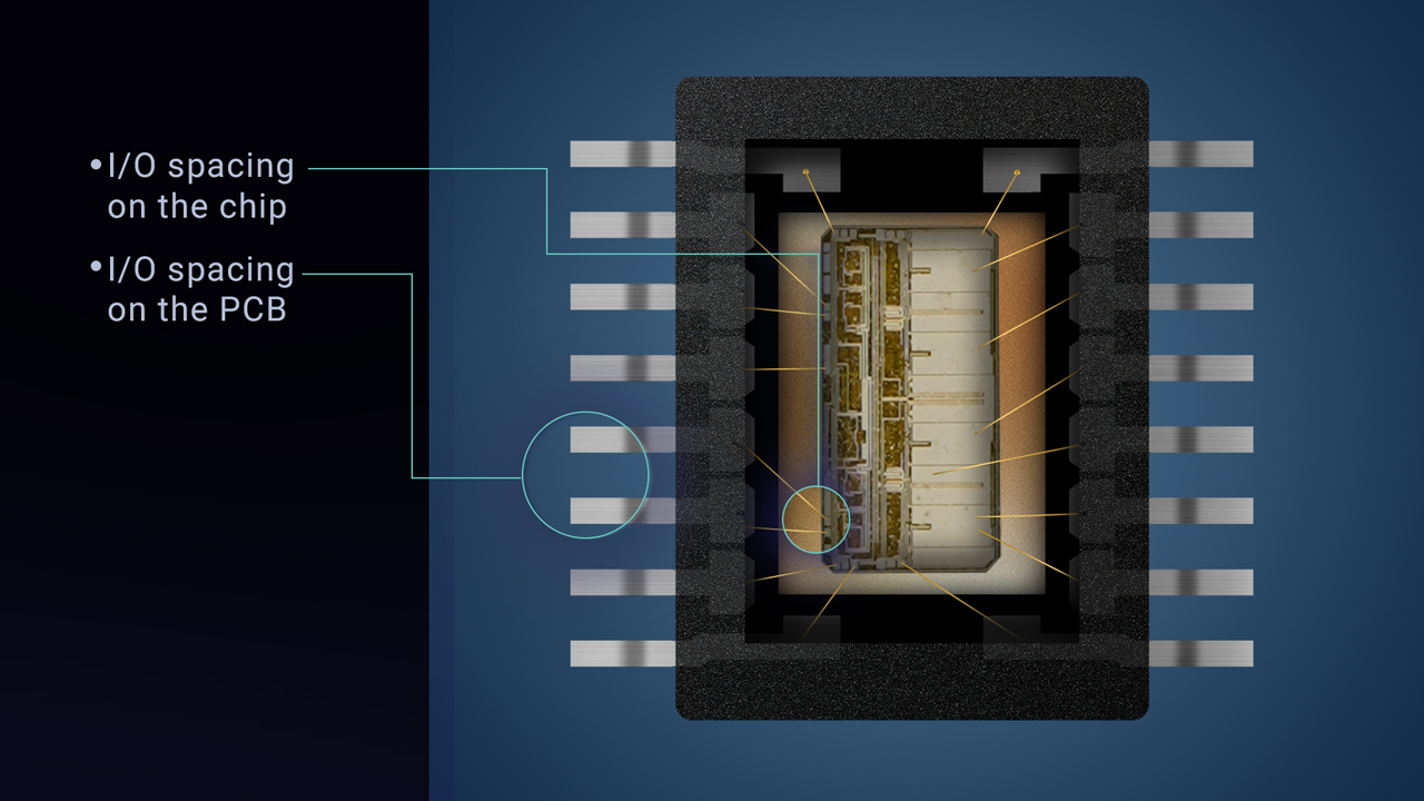  I/O 間距小于 100μm 是緊湊型芯片設(shè)計(jì)的典型值，而 I/O 間距大于 650μm 則適合低成本 PCB 設(shè)計(jì)。