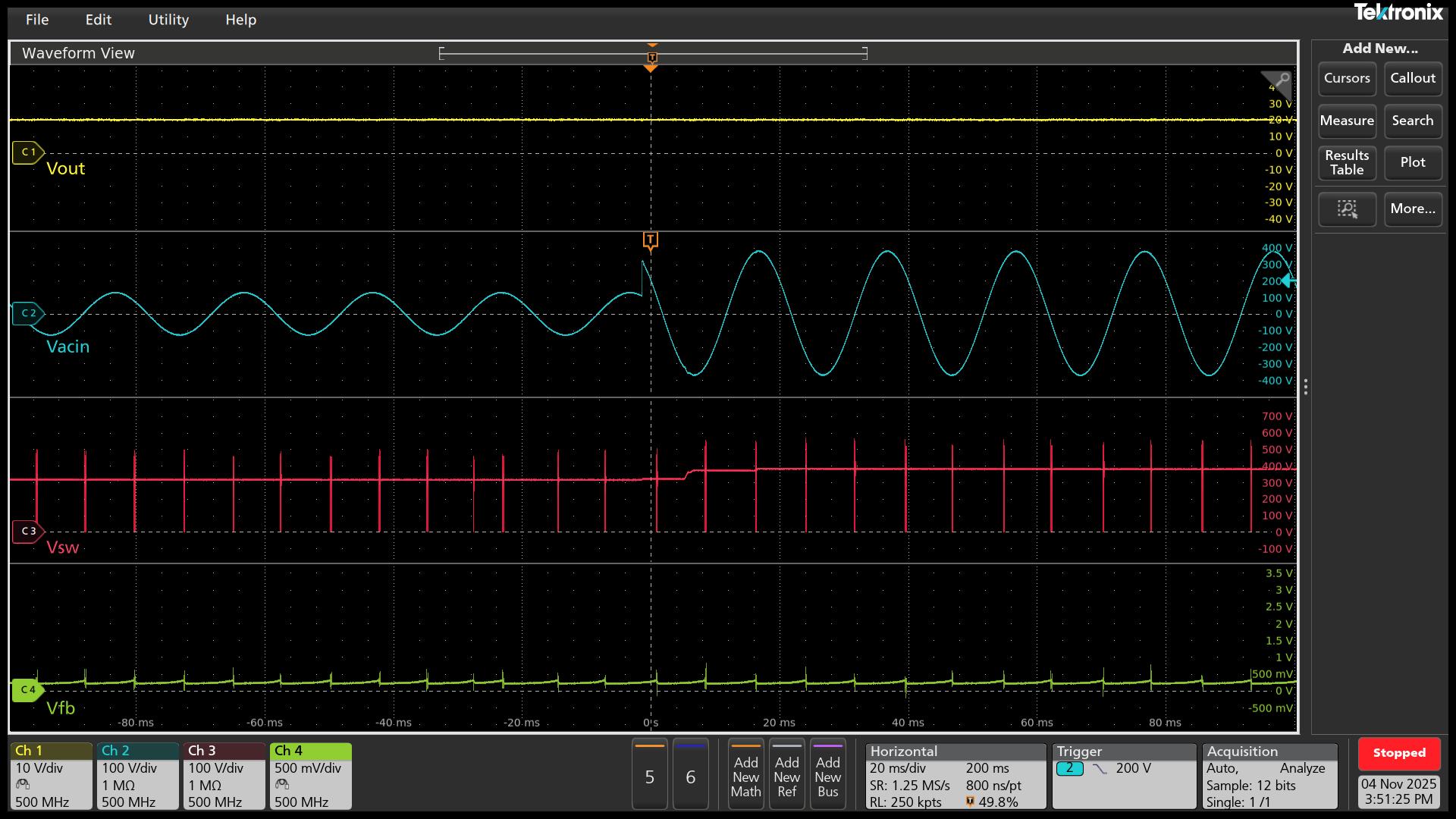 UCG28824EVM-124 20V 空載條件下從 90Vac 到 264Vac 的線路瞬態(tài)
