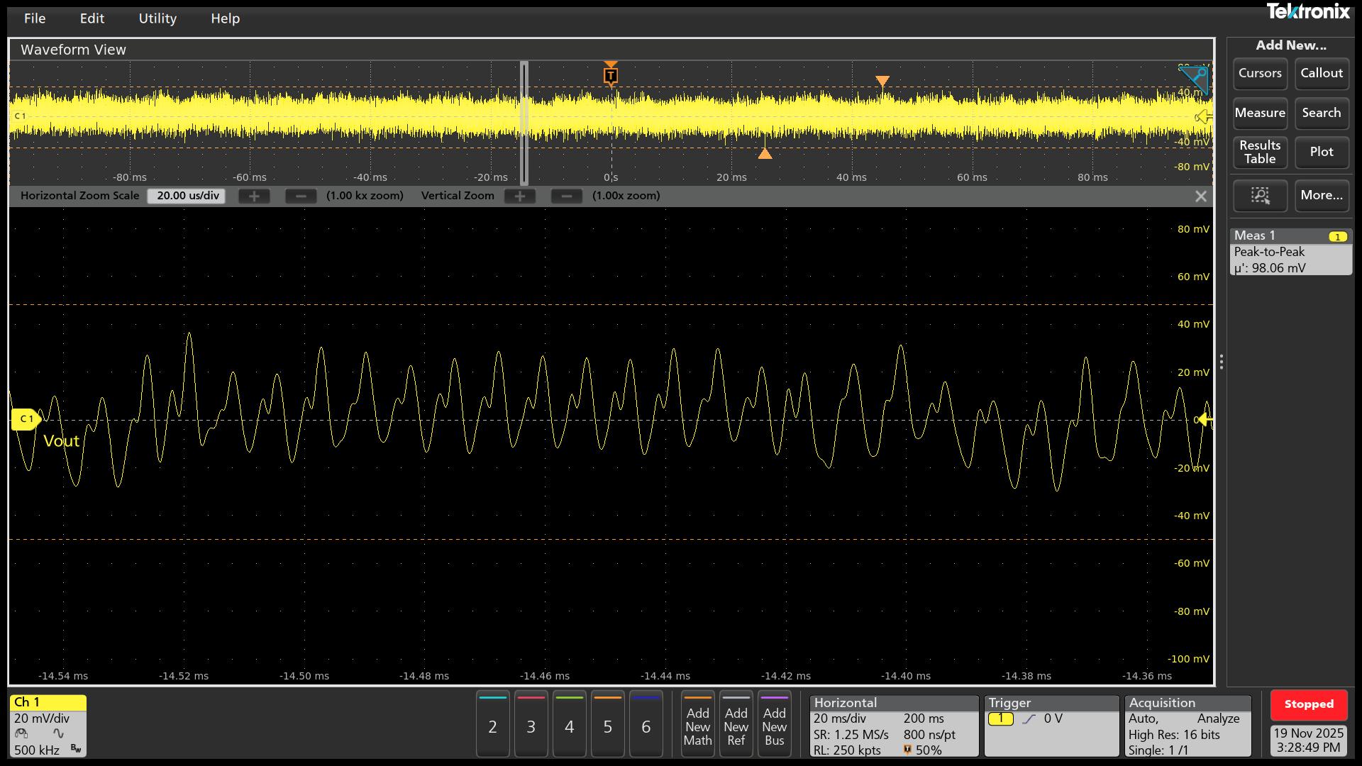 UCG28824EVM-124 VOUT = 20V 且滿負(fù)載時(shí)的典型紋波電壓 (98mVpp)