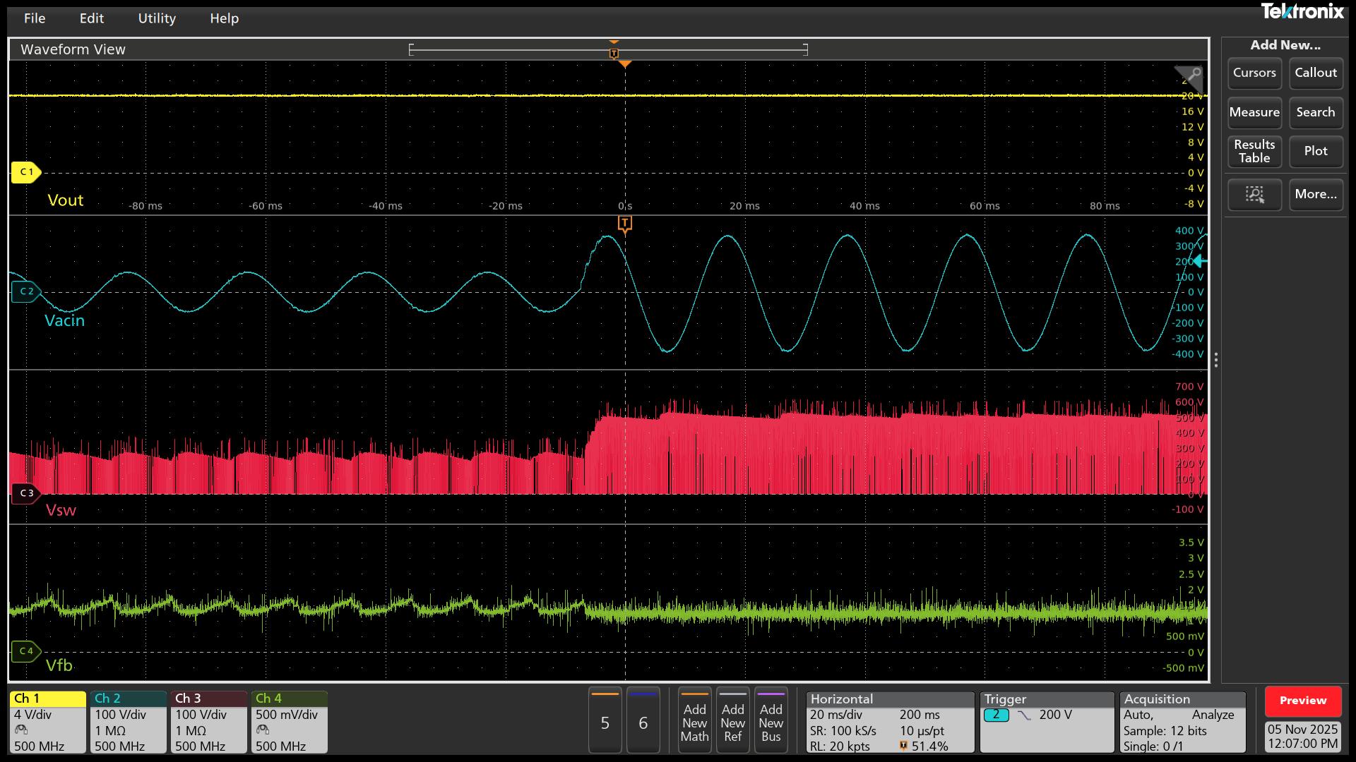 UCG28824EVM-124 20V 滿負(fù)載條件下從 90Vac 到 264Vac 的線路瞬態(tài)