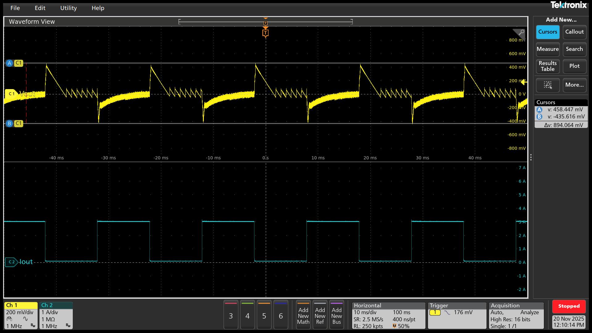 UCG28824EVM-124 VOUT = 5V 過沖/下沖= 460mV/-440mV 條件下的負(fù)載瞬態(tài)響應(yīng)