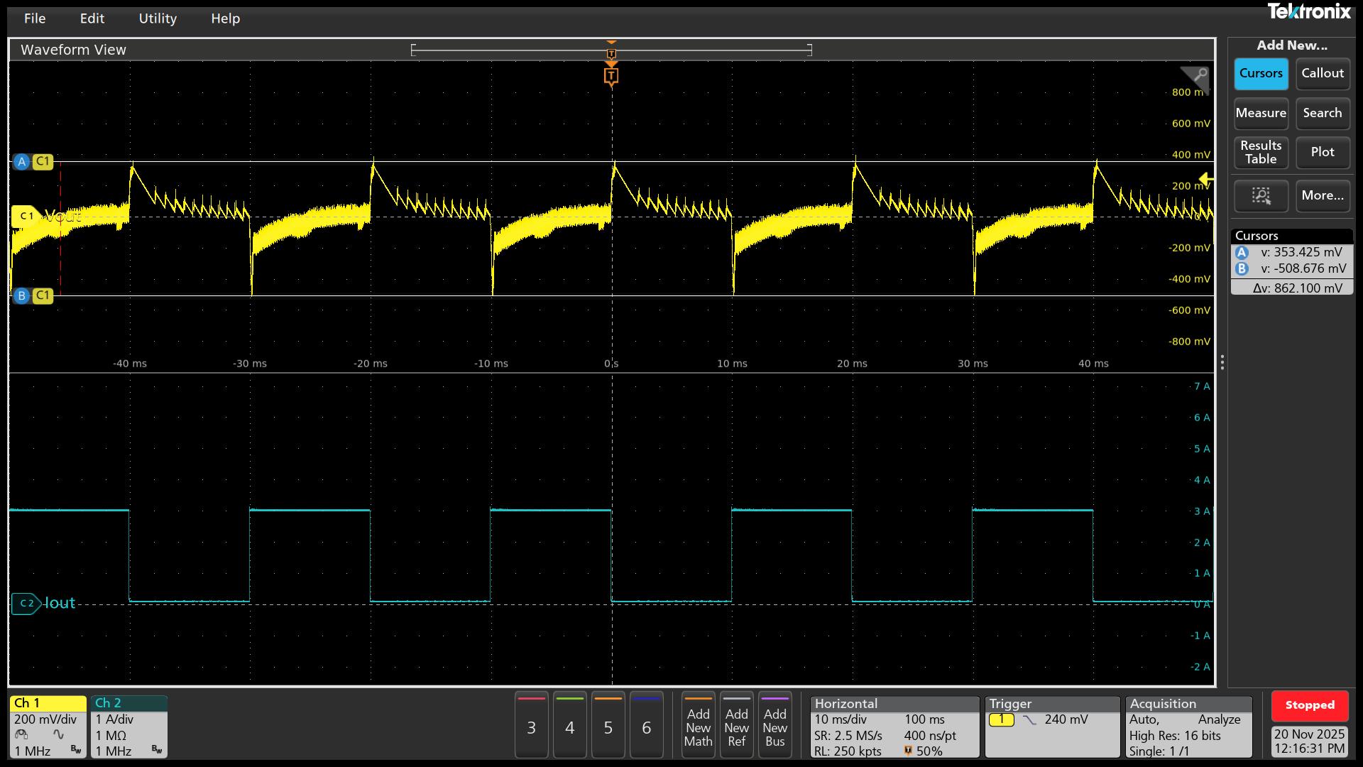 UCG28824EVM-124 VOUT = 15V 過沖/下沖= 360mV/-510mV 條件下的瞬態(tài)響應(yīng)